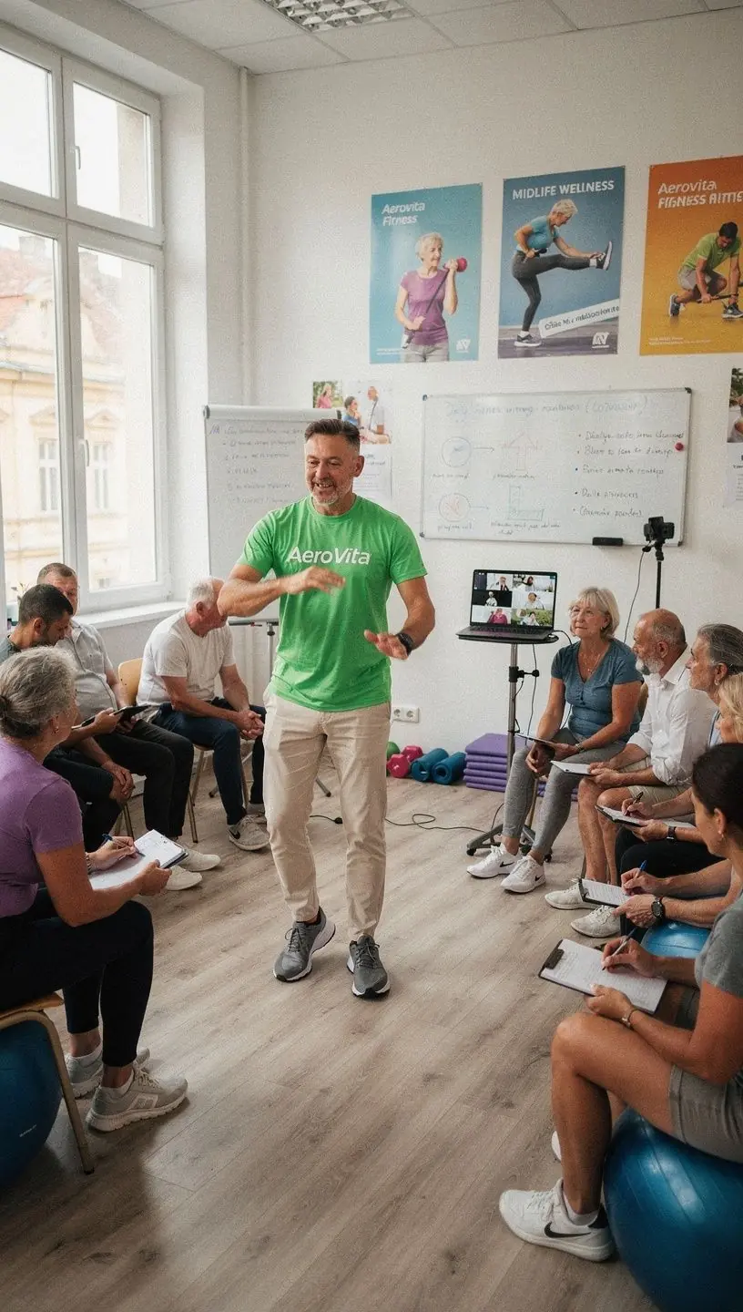 Csoportos edzés, ahol a résztvevők online követik az instrukciókat.