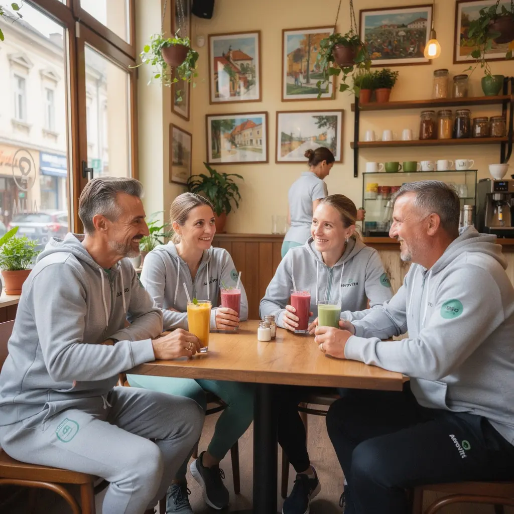 Középkorú nők aerobik edzése otthon, színes szőnyegen.