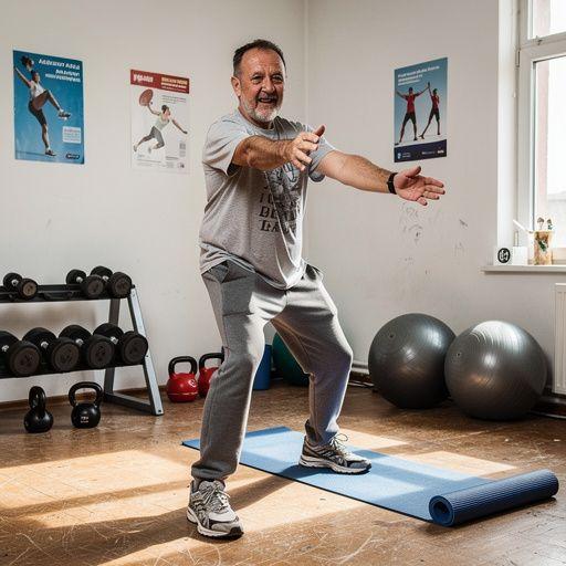 Középkorú férfiak és nők együtt edzenek, miközben online instrukciókat követnek.